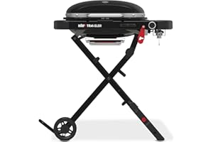 Weber Traveler Compact Gas Barbecue/Portable Collapsible Design with Wheels, Automatic Lid Lock and Lid Thermometer, 1 Burner, 81 cm Wide, 52 x 36 cm Cooking Surface, Black