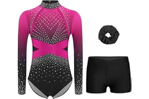 RUNQHUI Fille 3 Pièces Ensemble Gymnastique Justaucorps Manches Longues avec Short et Bandeau des Cheveux Tenue Gymnastique Strass pour Compétition Spectacle