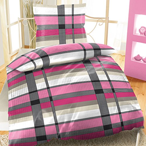 Baumwoll Bettwäsche Seersucker 135x200 4-teiliges Set Pink Streifen