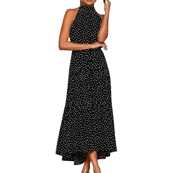 Vestido Largo Negro Plisado con Lunares Elegante