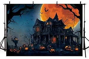 AIBIIN Fondo de fotografía nocturna de Halloween de 7 x 5 pies, castillo de calabaza, casa embrujada, murciélago, cementerio, sesión de fotos, telón de fondo para fiesta de Halloween, retrato,