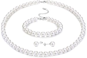 Morfetto Collana di perle in argento sterling per donne uomini Bianco rotondo simulato Shell Collana Bracciale Orecchini 6/8MM Choker Collana di perle Set per donne ragazze