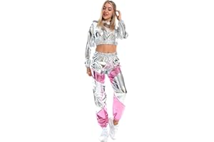 IMEKIS Damen Glänzende Metallic Trainingsanzug Jogginganzug Sportanzug Langarm Kapuzen Crop Top und Cargohose 2er Hosenanzug Hausanzug Nachtclub Performance Tanzbekleidung