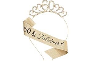 MIOSJI 60th Birthday Sash and Crystal Tiara Crown for Women Birthday Decorations Gift Party Accessories (Gold)