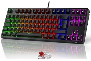 TECURS Klawiatura do gier mechaniczna – 5 klawiszy makro, klawiatura PC z kablem, 80% TKL, podświetlana przewodowa, klawiatura mechaniczna, czerwony przełącznik, niemiecki układ QWERTZ, do laptopów,