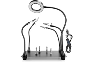 OBDMONSTER Magnetische helfende Hände Lötstation mit 4 flexiblen helfenden Händen, 5-facher Lupe und verstellbarem Licht mit 4 magnetischen Leiterplattenhalter auf großer rutschfester Basis für elektronische