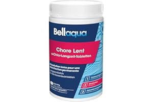 Bellaqua e-Chlore Lent 1kg – Galets de Chlore Piscine 200g – Désinfection Permanente à Dissolution Lente – Chlore Longue Durée pour Eau Claire et Saine