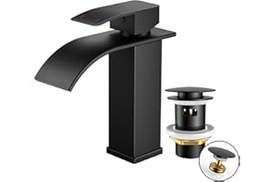 FORIOUS Robinet Salle de Bain Noir avec Bonde de Vidage,Mitigeur Lavabo Cascade, Hauteur de Bec 110 mm, Économiseur d’eau et d’énergie