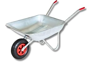 SAKUSEI Tools Heavy Duty Galvanised Wheelbarrow 65L Pneumatic Metal Wheel Barrow, Galvanised Tub 100Kg