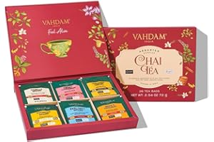 VAHDAM, Set de regalo Chai (6 sabores, 36 bolsitas) – Mezclas indias Masala Chai | Bolsitas piramidales hoja larga | Regalos de té de Navidad para mujeres y hombres