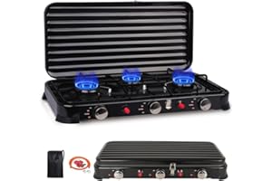Inoamity Fornello a Gas da Campeggio 3 Fiamme Portatile – 5400W Fornello da Campeggio con Coperchio, Paravento, Regolatore & Borsa Trasporto (Nero) – Kit Cucina Compatto per Esterni