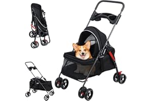 OSKOPWRC Poussette de voyage pliable pour chiens et chats, poussette de jogging pour chat avec roues, porte-gobelet, auvent réglable, grand panier de rangement et maille visible (Black)