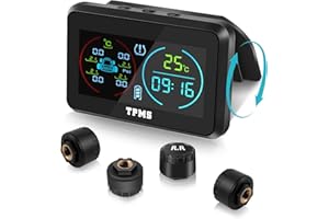 KAOLALI TPMS Tyre Pressure Monitoring System with 4 External Sensors Solar Wireless Tyre Pressure Monitor with 6 Alarm Modes with Time and Temperature Display 0-5 Bar for Car SUV Trailer