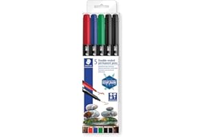 STAEDTLER 3187 TB5 - Pennarello a doppia fibra permanente, fine e ultra fine, adatto per molte superfici, astuccio trasparente con 5 pennarelli