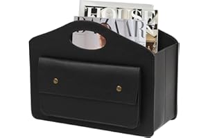 HofferRuffer Leather Magazine Holder Newspaper Rack with Handle Foldable Storage Basket with Little Front Bag Multipurpose Organizer Black 13.8*11*6 Inch