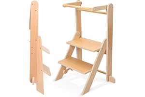 HELANGEL Torre per bambini in piedi, torre pieghevole per l'apprendimento in piedi 3 in 1 sgabello in legno da cucina per bambini in cucina, sgabello in legno naturale da cucina facile da montare