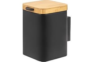 bremermann poubelle cosmétique murale carrée avec couvercle en bambou, support mural inclus, poubelle avec montage 2 voies, à coller ou à percer, capacité 3 litres, en métal noir