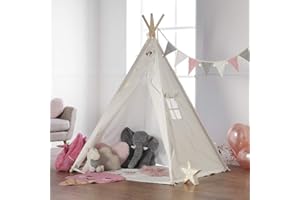 Haus Projekt Tipi Enfant avec Guirlande, Drapeaux et Base imperméable, Tente Teepee pour l’Imaginaire des Enfants, 100% Coton, intérieur/extérieur (Rosa/Blanc) Certifié CE