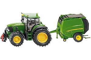 siku 1665 - Tracteur presse à balles de foin John Deere avec ses deux rouleaux, Métal/Plastique, Vert, Eléments mobiles