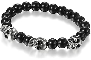 Flongo Bracelet Charme pour Homme Garçon, Bracelet Perles Boules Verre Acier Inoxydable Tête de Mort Crâne Couleur Argent Noir Fantaisie Cadeaux Anniversaire Noël Halloween