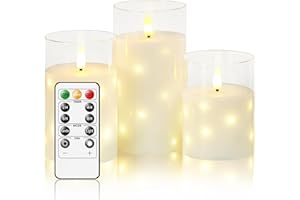 ZYLUME LED Flameless Candles, Built in Hidden String, Battery Candles Flickering Set, Glass Real Wax, 11 Key Remote Control and 24 Hour Timer, 3 Groups, H 4 "5" 6 "(White)