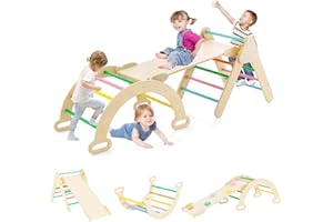 RELAX4LIFE 5 en 1 Triángulo de Escalada para Niños con Tobogán, Arco de Escalada, Escalera, Rampa Reversible, Juguetes Montessori de Madera de Haya para Niños de 1+ Años (Colorido)