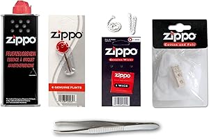 Zippo ReLife Set's inkl. Sunmando Pinzette zum Wechsel der Watte BZW. des Dochtes: 1x Zippo Benzin, 1x Zippo Docht, 6X Zippo Feuerstein, 1x Zippo Watte (Zippo Set 2)