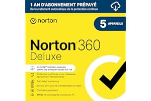 Norton 360 Deluxe 2026 |5 appareils | 1 An d'Abonnement en renouvellement automatique |Téléchargement