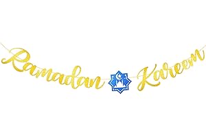 BETESSIN Ramadan Kareem Bunting Banner Letter Banner Paper Blue Star Flag with Golden Ribbon DIY Garlands Muslim Boys Girls Unisex Ramadan Party Supplies Decorations Living Room Home Family Decor (Gold)
