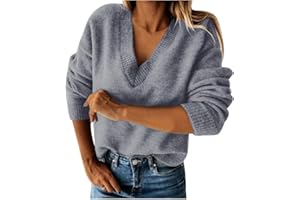 VEMOW Women's V Neck Pullover Sweaters Long Sleeve Fall Winter Loose Fit Top Blouse Ladies Cable Knitted Jumper