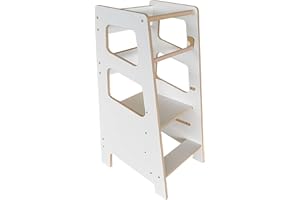 BABYLIKE Montessori Lernturm für Kinder | Lernstuhl ab 1 Jahr | Learning Tower | Tritthocker mit 2 Stufen & verstellbaren Fachböden | 46x40x85 cm| Weiss