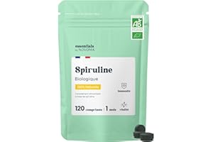 Spiruline Bio 500 mg, Pure et Naturelle, Cure de 1 mois, Réduit la Fatigue, Favorise l'Immunité, 120 Comprimés Vegan, Riche en Protéines et Phycocyanine, Essentials by Novoma