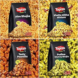 Topizo Namkeen Aloo Bhujia, Khatta Meetha Mixture, Tasty Peanuts, Pudina Chutney Bhujia | 0% Preservatives | Pantry Party Snack | Pack of 4, 800g