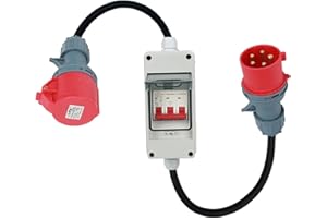 MENAYODA Adaptateur CEE 63 A 400 V vers 32 A 400 V - Courant fort avec disjoncteur 32 A - IP44 - Fiche CEE H07RN-F 5G6 - Câble courant fort en caoutchouc - MENTUC1073