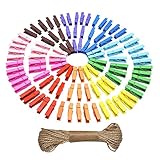 Set de mini pinzas de madera: el paquete incluye 100 piezas coloreada pinzas de arte (10 colores diferentes) y cordeles de yute de 10 metros