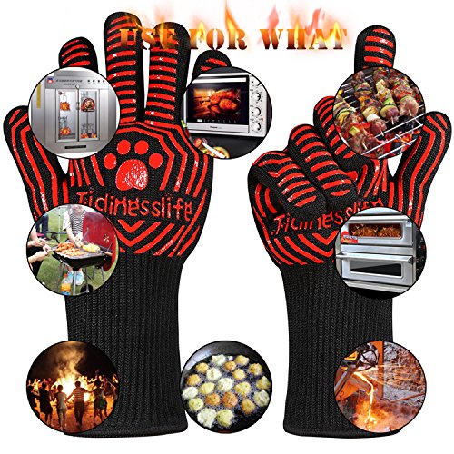 Tidinesslife Grillhandschuhe BBQ Handschuhe extrem hitzebeständige Ofenhandschuhe Red - 4
