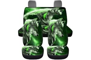 chaqlin Galaxy Green Wolf Auto Sitzbezug Set,4 Pcs Universal Auto Vordersitzbezüge Tier Wolf Hinter Split Bank Sitzkissen Pads für Damen Herren Auto Innenraum Sitzbezüge Zubehör Dekorativ