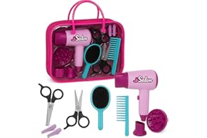 QUICKDRAW Kids Salon Role Play Set – Working Toy Hairdryer with Nozzle & Diffuser Attachments, Brush, Comb, Scissors & Hair Clips in Clear Carry Case – Pretend Hairdresser Beauty Playset for Children 3+
