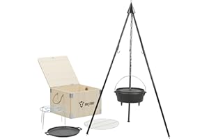 ‎BBQ-TORO BBQ-Toro Dutch Oven Set 6-teilig mit Holzkiste | Gusseisen Set mit Dutch Oven 6 QT, Pfanne, Grillrost, Untersetzer & Dreibein | Zubehör Set, Outdoor Kochset, Gusseisen Grill Set, Kochtopf Set