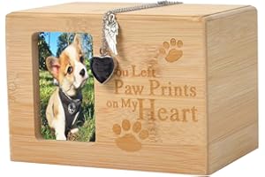 DOINFUN Dog Ashes Box, Bamboo Ashes Box for Dogs with Urn Necklace for Ashes (Heart & Wing), Ashes Casket Keepsake Memorial Gift with Picture Frame, Cremation Box for Cats Rabbit Small Pets, Model A