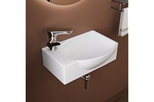 Lavabo mural DeerValley 305×240 mm, vasque rectangulaire en céramique blanche, cuve à gauche avec trou de robinet à droite, idéal pour les petites salles de bain
