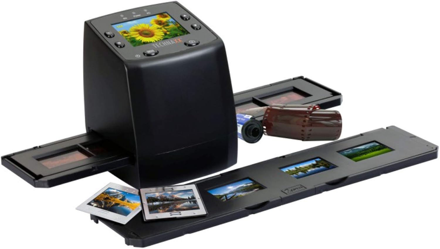 Technaxx Germany Slide Scanner Convierte películas negativas y diapositivas a digital JPEG Guarda en tarjeta SD-SDHC con pantalla TFT No requiere ordenador/software DS-02