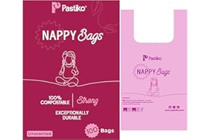 Pastiko Baby Essentials for Newborn - 100% Compostable Nappy Bags, 100 Pack, Pink Biodegradable Eco-Friendly Nappy Sacks for Newborn Essentials, Extra Thick, Leak-Proof, TUV OK Home Compost Certified