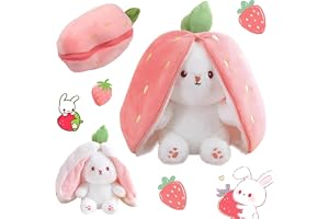 AMERTEER Strawberry Bunny Plush Toy | Cute Transformed Bunny Doll Fruit Rabbit Pillow, Small Soft Plush Pillow for Kids Girls, Transformable Fruit Rabbit Toy (18cm)
