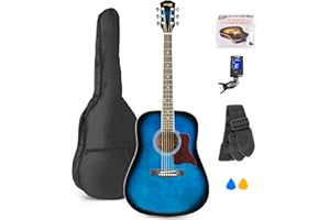 MAX SoloJam Set Guitarra Acústica Color Azul con Funda, Afinador, Correa, Púas y Juego de Cuerdas de Repuesto – Pack Musical para Aprender a Tocar Desde Cero, Ensayar o Regalar a Principiantes
