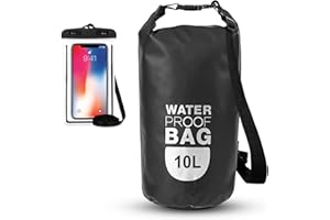 AUSYIWI Wodoodporny worek z wodoodpornym etui na telefon komórkowy, worek przeciwdeszczowy z regulowanym paskiem na ramię do kajakarstwa raftingowego pływania łódką na kemping podróż pływanie, Czarny,