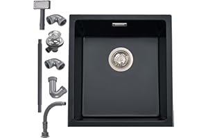 iAnomla Quartz Black Kitchen Sink, 40x45cm/16x18in, Composite Inset/Undermount Kitchen Small Sink Waste Kit,Single Bowl Commercial with Overflow, Suitable for Workstation