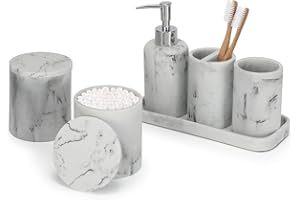 ZCCZ White Bathroom Accessory Set 6 Pieces - Organiser With Toothbrush Holder, Lotion Soap Dispenser, Vanity Tray and 2 Q-tip Holders - Modern Decor Accessories