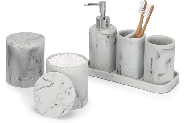 Zccz vit marmorlook badrumstillbehör set 6 st - tvåldispenser, 2 qtip hållare dispenser, tandborsthållare, sminkbricka, badrumsglas - bänkskåp sminkförvaring - Accessoire Salle De Bain