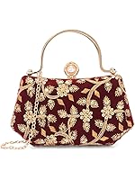 TOOBA Handicraft Women's Beautiful Bling Box Clutch Bag | Evening Bag, Bridal Purse & Party Handbag | Wedding & Special Occasion Clutch (Maroon Velvet Flower Twin Handle)